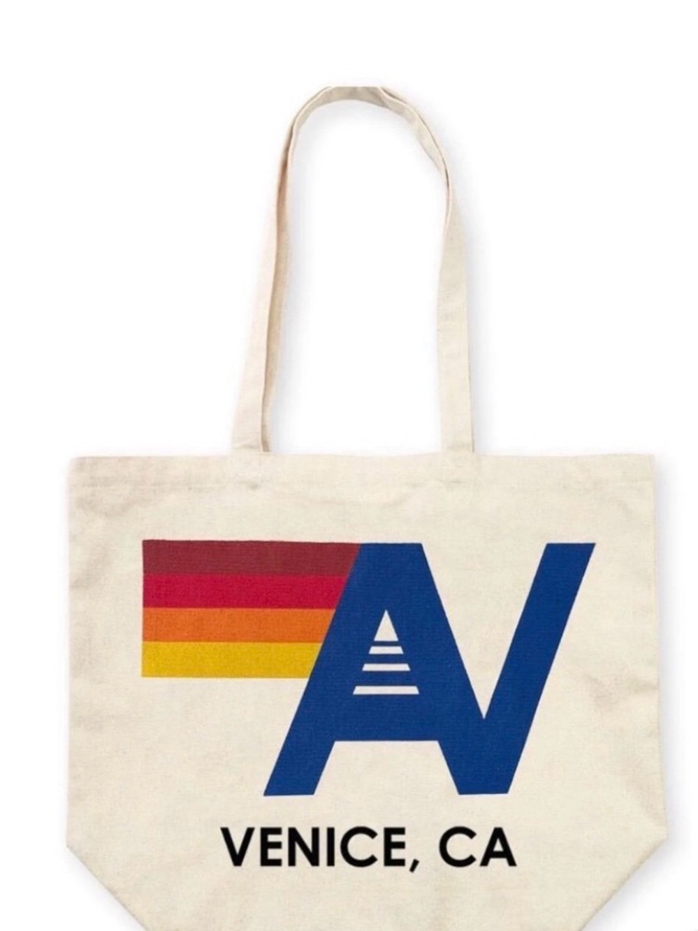 Aviator Nation Cream Tote with Blue Logo and Rainbow Stripe